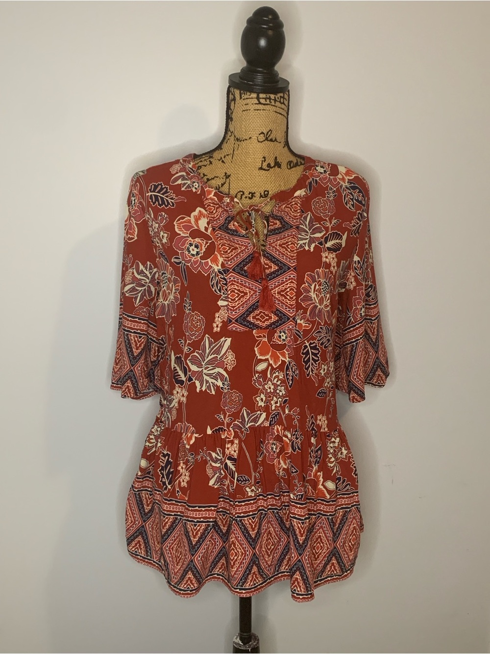 beachlunchlounge Rust Floral Belle Sleeve Viscose Peasant Top